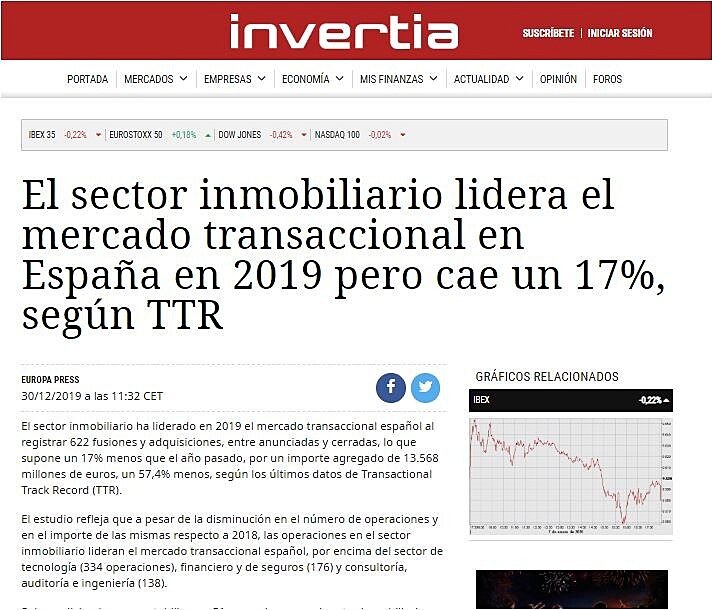 El sector inmobiliario lidera el mercado transaccional en Espaa en 2019 pero cae un 17%, segn TTR